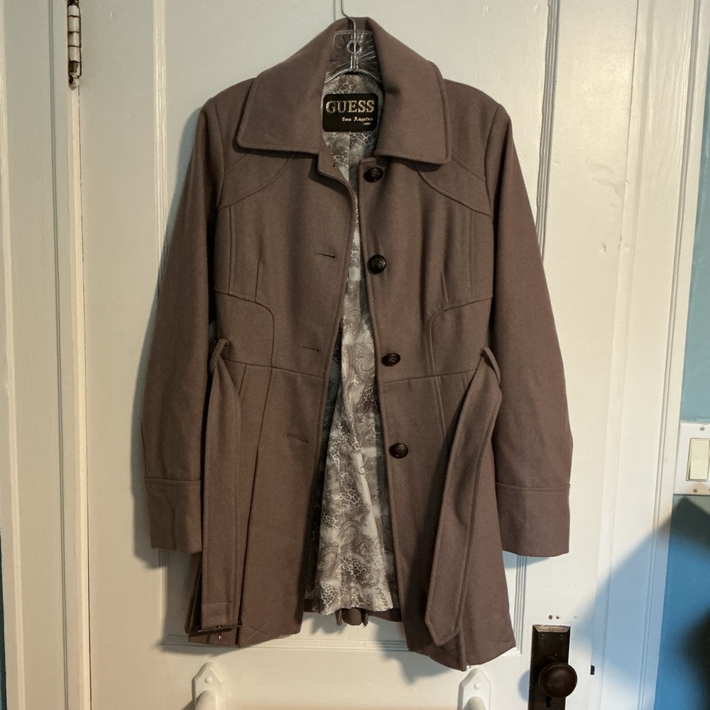 Guess Wool Blend Taupe Tan Belted Pleated Skirt Peacoat With Pockets. Sz-S
